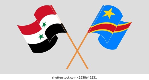Banderas cruzadas y ondeando de Siria y la República Democrática del Congo. Ilustración vectorial.
