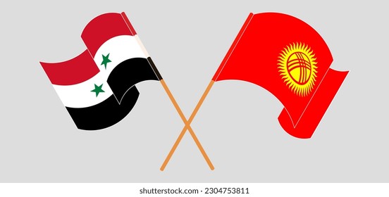 Crossed and waving flags of Syria and Kyrgyzstan. Vector illustration
