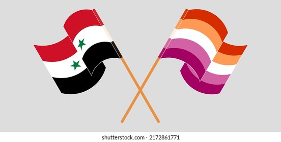 Crossed and waving flags of Syria and Lesbian Pride. Vector illustration
