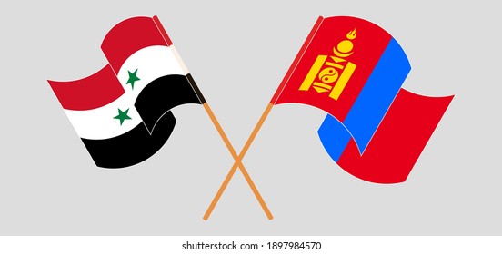 Banderas cruzadas y ondeando banderas de Siria y Mongolia