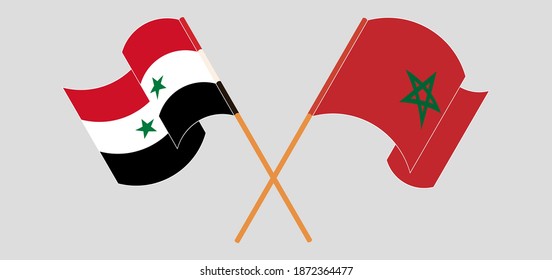 Crossed and waving flags of Syria and Morocco