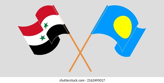 Crossed and waving flags of Syria and Palau. Vector illustration
