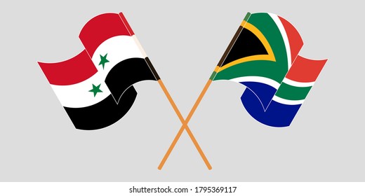 Crossed and waving flags of Syria and Republic of South Africa