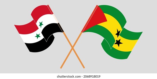 Crossed and waving flags of Syria and Sao Tome and Principe. Official colors. Correct proportion