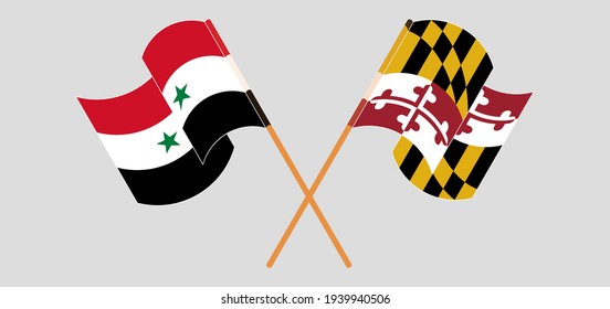 Crossed and waving flags of Syria and the State of Maryland