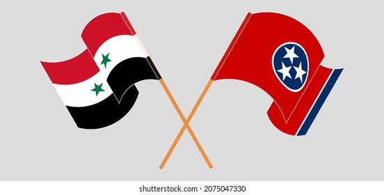Crossed and waving flags of Syria and The State of Tennessee. Vector illustration