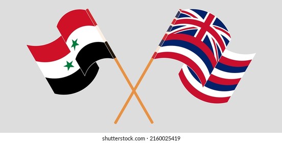 Crossed and waving flags of Syria and The State Of Hawaii. Vector illustration
