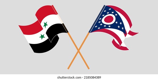 Cruzando y ondeando banderas de Siria y el estado de Ohio. Ilustración del vector
