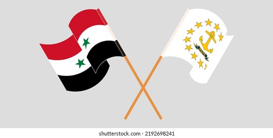 Crossed and waving flags of Syria and the State of Rhode Island. Vector illustration
