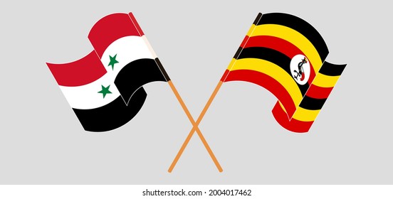 Crossed and waving flags of Syria and Uganda
