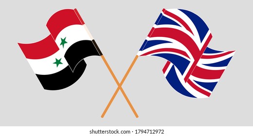 Crossed and waving flags of Syria and the UK