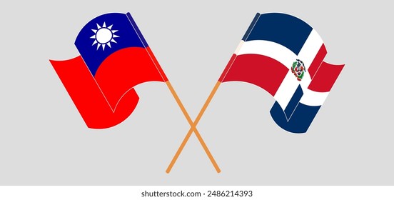 Crossed and waving flags of Taiwan and Dominican Republic. Vector illustration
