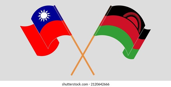 Crossed and waving flags of Taiwan and Malawi. Vector illustration
