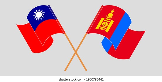 Banderas cruzadas y ondeando banderas de Taiwán y Mongolia