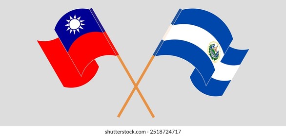 Bandeiras cruzadas e acenando de Taiwan e da República de El Salvador. Ilustração vetorial.
