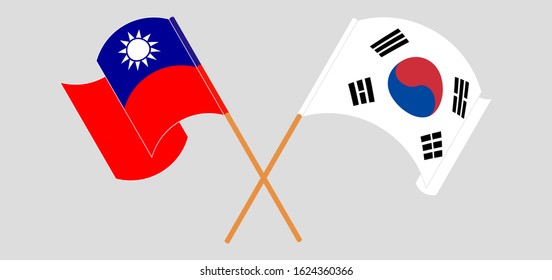 Crossed and waving flags of Taiwan and South Korea