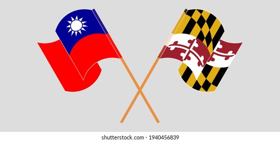 Crossed and waving flags of Taiwan and the State of Maryland