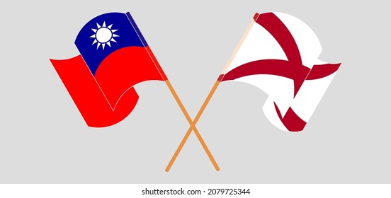 Crossed and waving flags of Taiwan and The State of Alabama. Vector illustration
