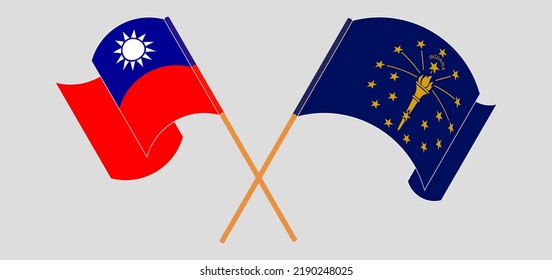 Crossed and waving flags of Taiwan and the State of Indiana. Vector illustration

