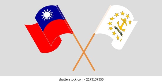 Crossed and waving flags of Taiwan and the State of Rhode Island. Vector illustration
