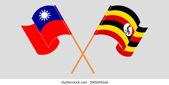 Crossed and waving flags of Taiwan and Uganda