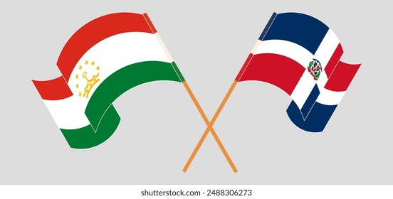 Crossed and waving flags of Tajikistan and Dominican Republic. Vector illustration
