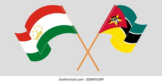 Crossed and waving flags of Tajikistan and Mozambique. Official colors. Correct proportion