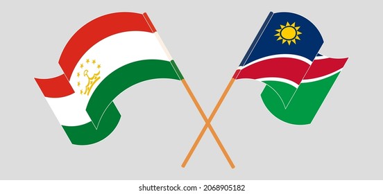 Crossed and waving flags of Tajikistan and Namibia. Official colors. Correct proportion