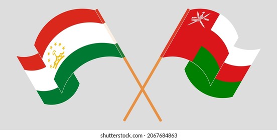 Crossed and waving flags of Tajikistan and Oman