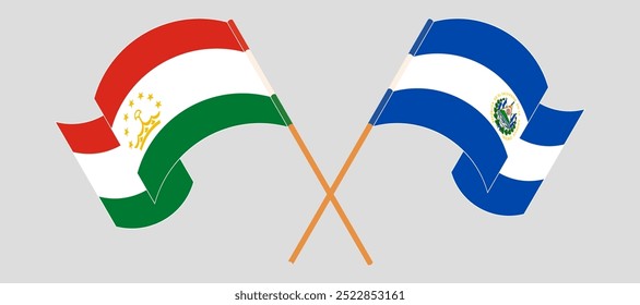 Crossed and waving flags of Tajikistan and Republic of El Salvador. Vector illustration.
