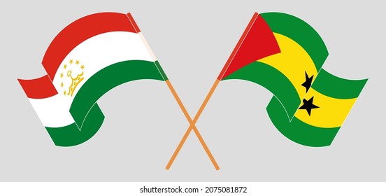 Crossed and waving flags of Tajikistan and Sao Tome and Principe. Vector illustration

