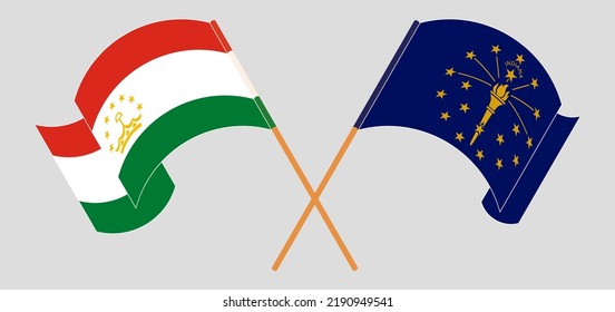 Crossed and waving flags of Tajikistan and the State of Indiana. Vector illustration
