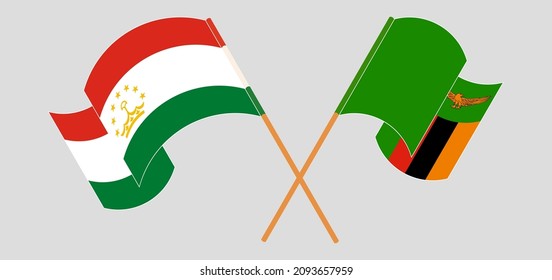 Crossed and waving flags of Tajikistan and Zambia. Vector illustration
