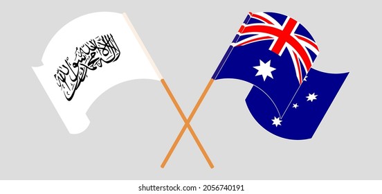 Crossed and waving flags of Taliban and Australia