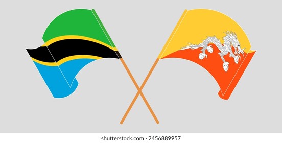 Crossed and waving flags of Tanzania and Bhutan. Vector illustration
