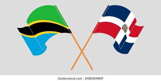 Crossed and waving flags of Tanzania and Dominican Republic. Vector illustration
