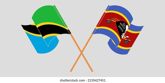 Crossed and waving flags of Tanzania and Eswatini. Vector illustration
