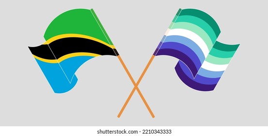 Crossed and waving flags of Tanzania and gay men pride. Vector illustration
