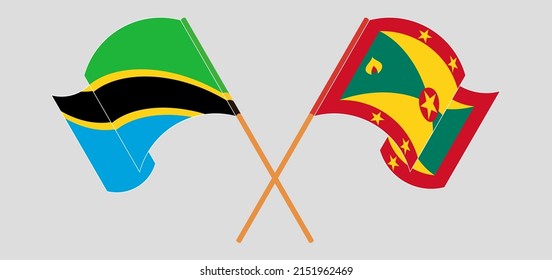 Crossed and waving flags of Tanzania and Grenada. Vector illustration
