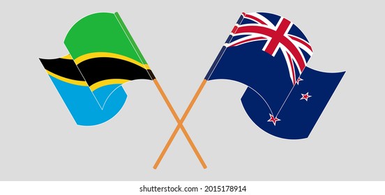 Crossed and waving flags of Tanzania and New Zealand