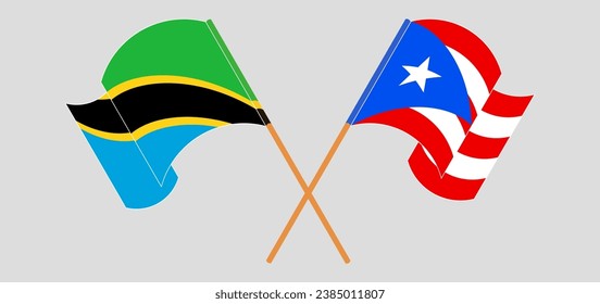 Crossed and waving flags of Tanzania and Puerto Rico. Vector illustration
