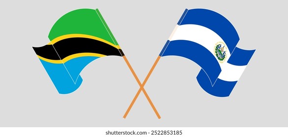 Crossed and waving flags of Tanzania and Republic of El Salvador. Vector illustration.
