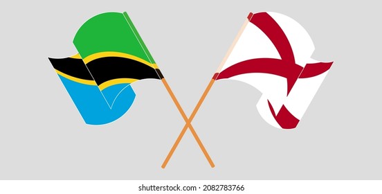 Crossed and waving flags of Tanzania and The State of Alabama. Vector illustration
