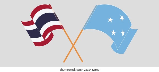 Crossed and waving flags of Thailand and Micronesia. Vector illustration
