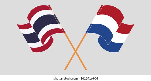 Crossed and waving flags of Thailand and Netherlands