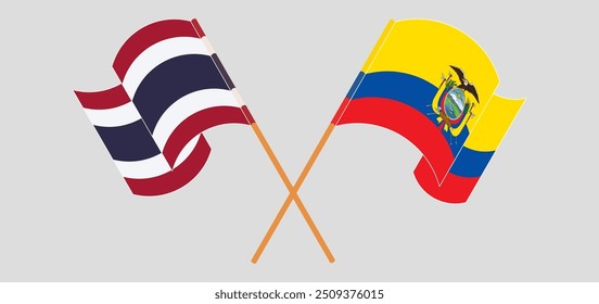 Crossed and waving flags of Thailand and Republic of Ecuador. Vector illustration
