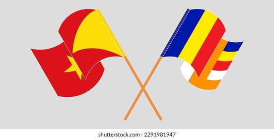 Crossed and waving flags of Tigray and Buddhism. Vector illustration
