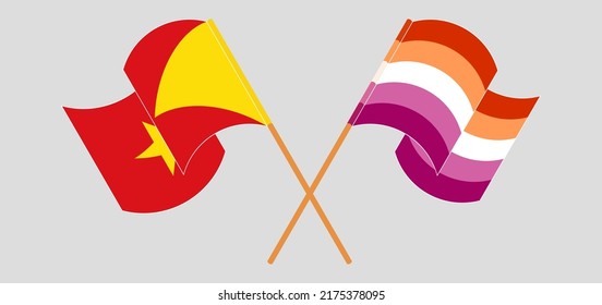Crossed and waving flags of Tigray and Lesbian Pride. Vector illustration
