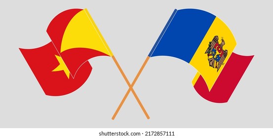 Crossed and waving flags of Tigray and Moldova. Vector illustration
