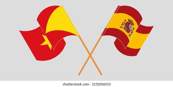 Crossed and waving flags of Tigray and Spain. Vector illustration